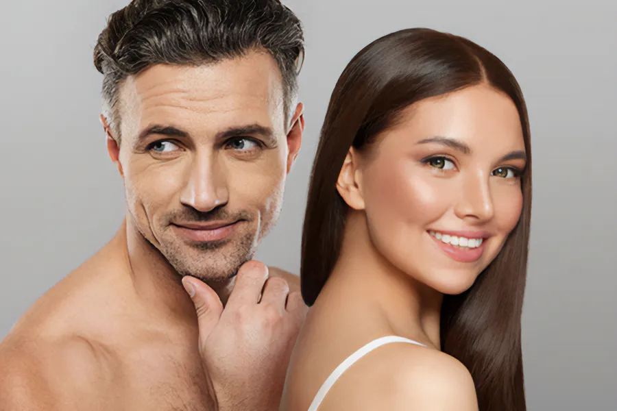 Aesthetics-Cosmetics-Doctor A handsome man and beautiful brunette woman stand against a gray background showing their smooth beautiful skin resulting from aesthetic and cosmetic care from Marina Fay, PA-C in Aventura-North Miami.