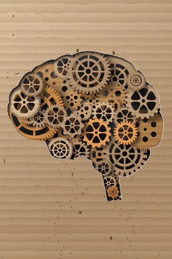 Brain-Fog-Treatment Stylized image of a brain made of gears, representing the cognitive restoration offered through brain fog treatments by Marina Fay, PA-C in Aventura-North Miami.