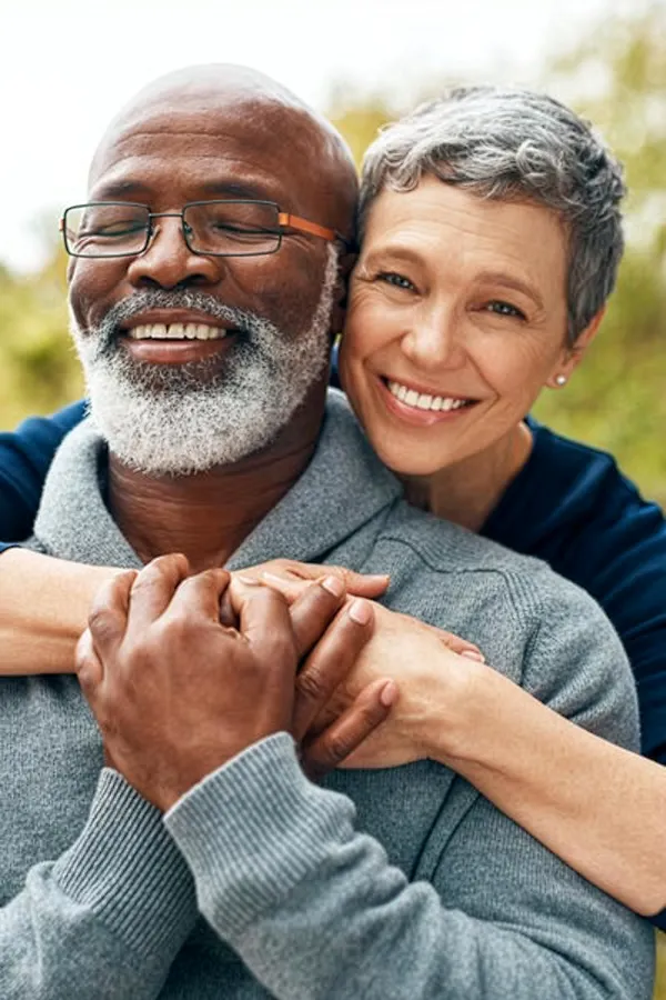 Hormonal-and-Vitality-Peptides-Treatment A middle-aged black man and white woman embrace outside. Get Hormonal and Vitality Peptide Treatment from Marina Fay, PA-C in Aventura-North Miami.