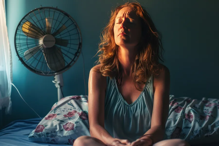 Hot-Flashes-and-Night-Sweats-Clinic A middle-aged red-haired woman sits in bed sweating with a fan behind her, unable to sleep. Get treatment for hot flashes and night sweats from Marina Fay, PA-C in Aventura-North Miami.