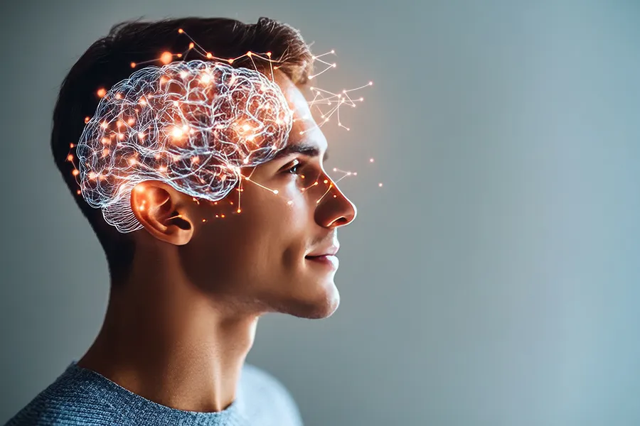 Neuro-Longevity-Peptides-Clinic A man with a 3D illustration of the brain and neural pathways super-imposed. Get Neuro-Longevity Peptides treatment from Marina Fay, PA-C in Aventura-North Miami.