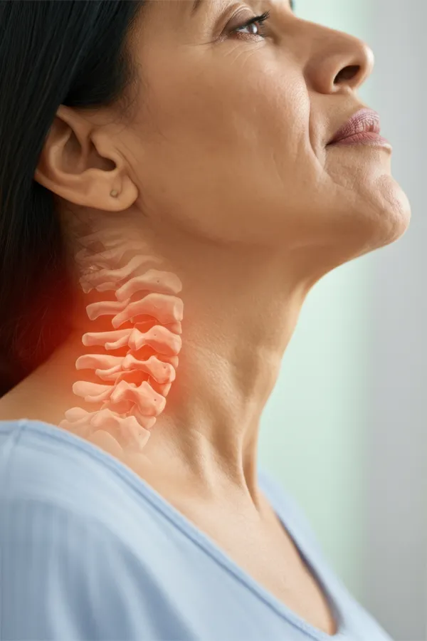 Regenerative-Medicine-for-Neck Pain-Treatment A woman with an illustration of an inflamed spinal column in her neck. Get Regenerative Medicine for Neck Pain from Marina Fay, PA-C in Aventura-North Miami.