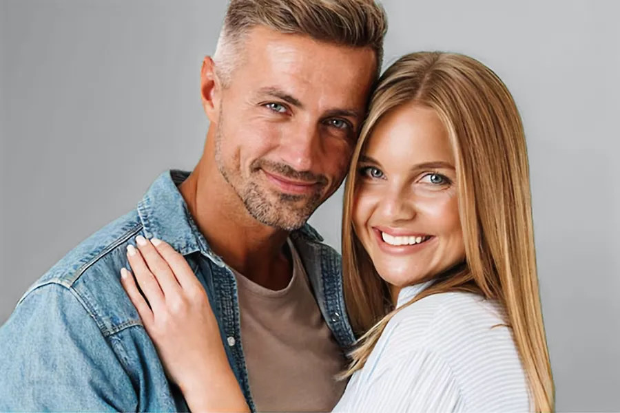 Skin-and-Hair-Peptides-Clinic A middle-aged couple with nice skin and full hair. Schedule Skin and Hair Peptide Treatment from Marina Fay, PA-C in Aventura-North Miami.
