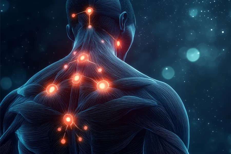 Trigger-Point-Therapy-Clinic 3D illustration of a human neck and back showing pain points. Get trigger point therapy from Marina Fay, PA-C in Aventura-North Miami.